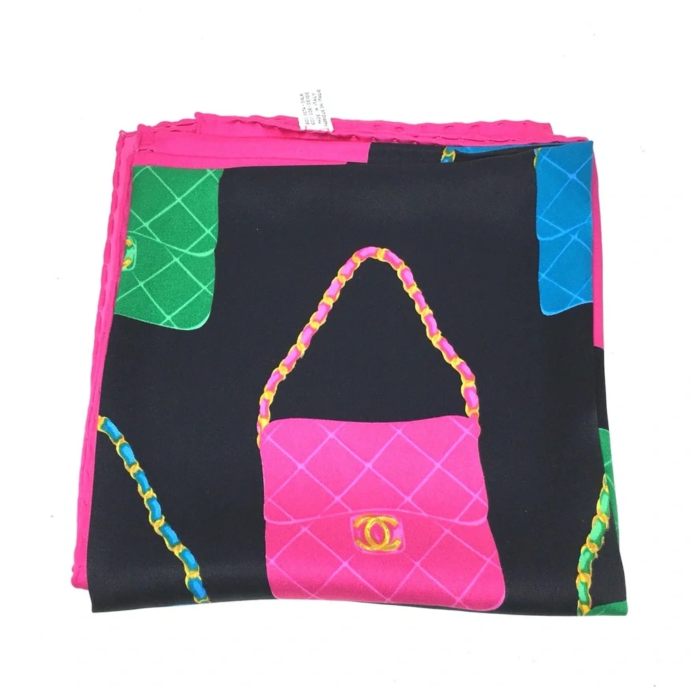 CHANEL authentic silk scarf pink black